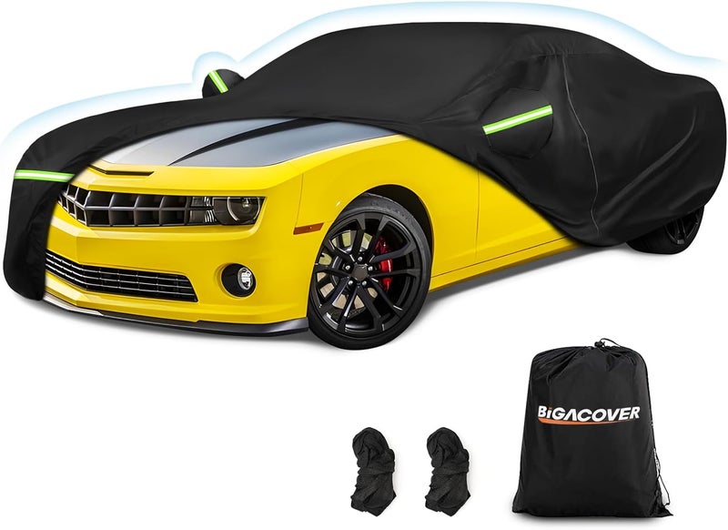 BIGACOVER for Camaro Full Car Cover 2010-2025 All Weather, Outdoor Car Covers with Zipper and Soft Cotton Lining, Windproof Heavy Duty Waterproof Protection Fit for 2010-2025 Chevy Camaro (Up to 190''L) - Image 1
